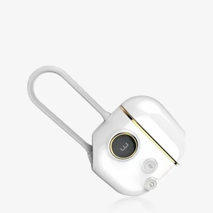 HH Luna Vault luxury white clitoral stimulator featuring a gold-trimmed interface, digital display, and integrated silicone finger loop for ergonomic control.
