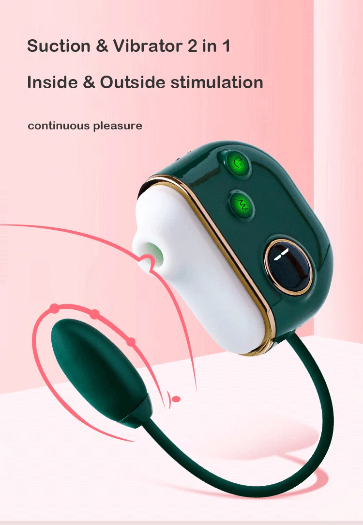 Infographic highlighting the dual-action suction and vibration modes for simultaneous internal and external stimulation.