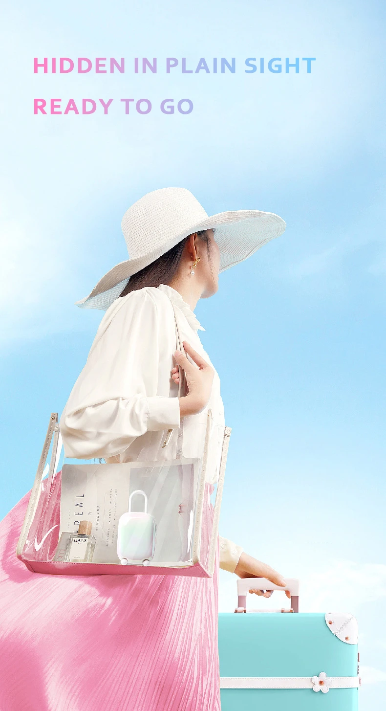 "Hidden in plain sight" concept showing the discreet Magic Suitcase vibrator inside a clear fashion bag, showcasing its travel-friendly nature.