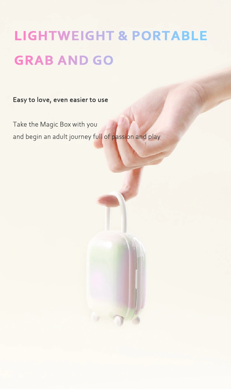 Compact travel-friendly vibrator in a pearl-white suitcase charging case held by a single finger to demonstrate its lightweight and portable design for on-the-go intimacy.