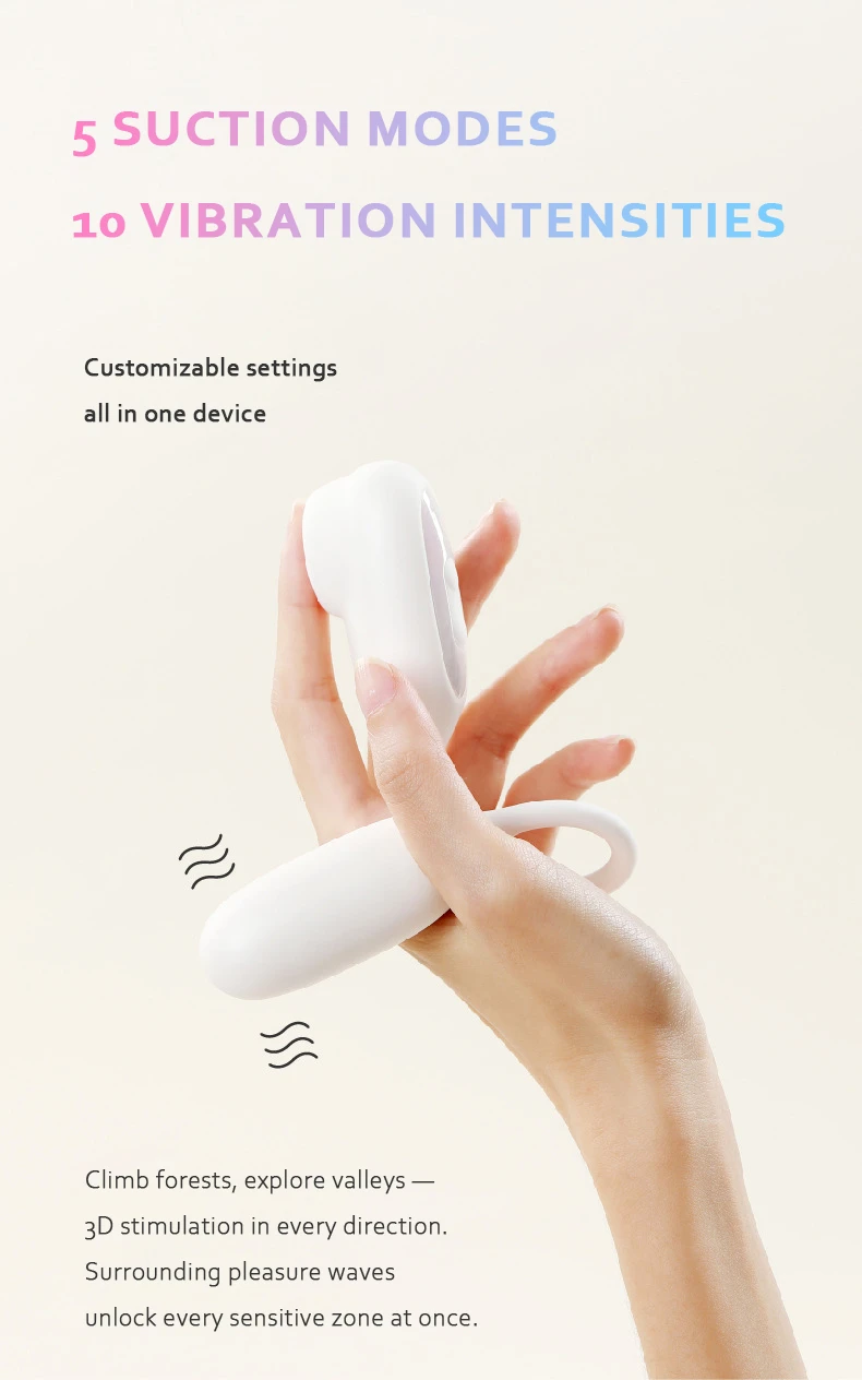 Dual-motor pleasure device featuring a curved stimulator head with 5 suction modes and 10 vibration intensities for targeted 3D clitoral and G-spot stimulation.