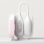 Front view of the iridescent HH Magic Suitcase charging station with the dual-function wearable vibrator ready for storage and rapid power-up.