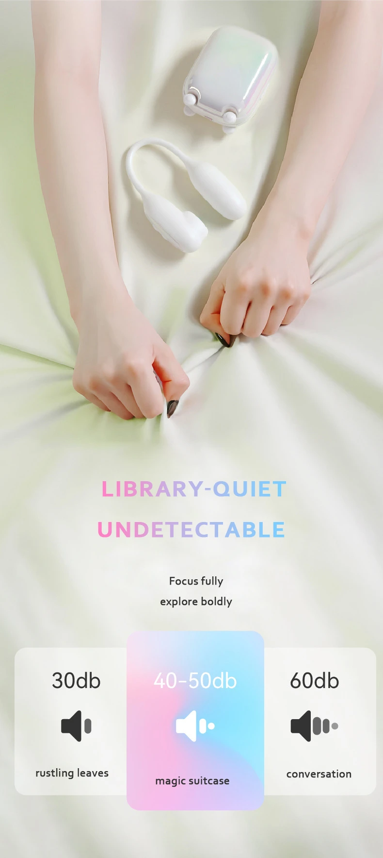 Infographic comparing the 40-50dB ultra-quiet motor of the Magic Suitcase to rustling leaves and normal conversation, emphasizing its discreet, library-quiet operation.