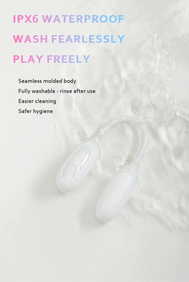 Waterproof adult toy with an IPX6 rating being rinsed under water, showcasing the seamless molded body for easy cleaning and superior hygiene.
