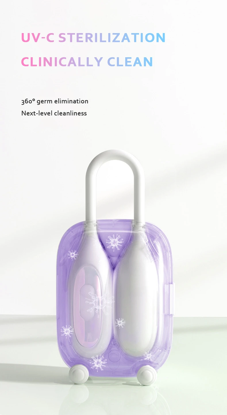 Technical illustration of the Magic Suitcase storage box utilizing UV-C sterilization technology for 360-degree germ elimination and clinically clean maintenance.