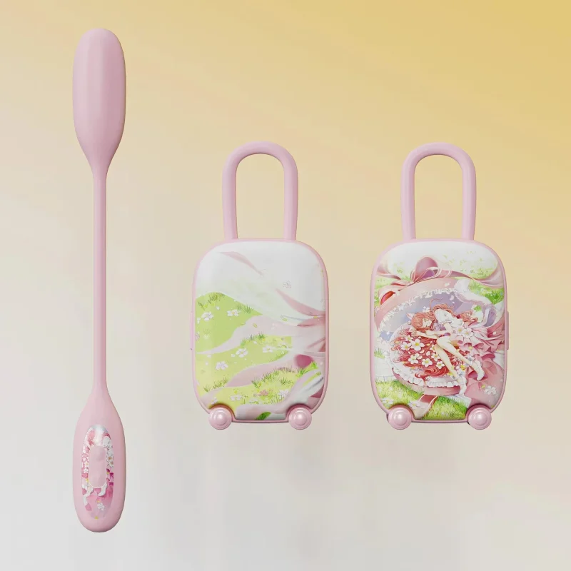 Product lineup of the Hoohss Magic Suitcase showing the slender pink silicone stimulator alongside its decorative travel cases.