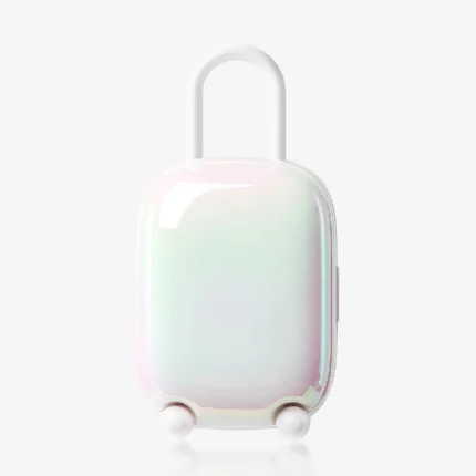 Minimalist product shot of the pearlescent white Magic Suitcase charging pod with a sleek, luggage-inspired aesthetic.