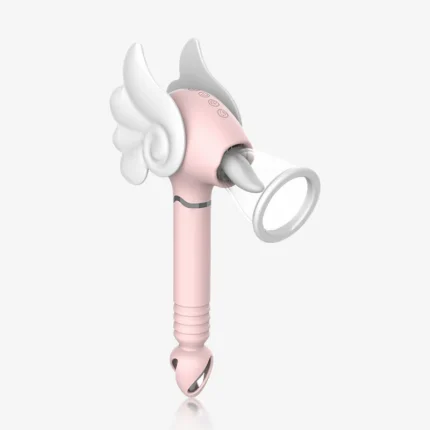 HH Magic Wand 4-in-1 pleasure device in soft pink featuring elegant wing accents and a flexible licking tongue attachment.