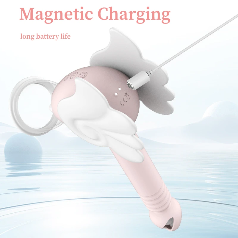 Close-up of the HH Magic Wand showing the magnetic charging port and USB cable connection for long-lasting battery life.