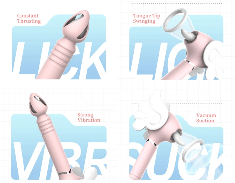 Infographic showcasing the multifunctional capabilities including constant thrusting, tongue tip swinging, strong vibration, and vacuum suction.