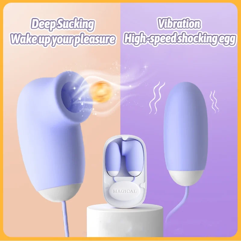 Infographic highlighting the dual-functionality of the clitoral stimulator featuring deep air-pulse sucking and high-speed vibration modes for targeted pleasure.