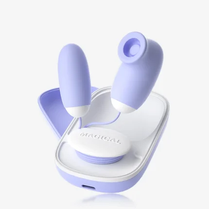 Main product shot of the lavender purple dual-motor pleasure set resting in its white ergonomic charging and storage base.