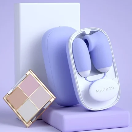 Lifestyle arrangement showing the compact and travel-friendly design of the wellness device alongside everyday personal care items.