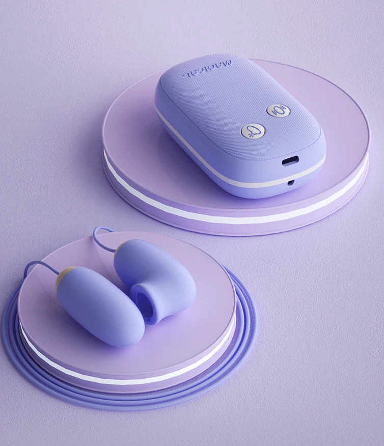 A stylish lifestyle shot of the compact clitoral suction device and remote-controlled jump egg resting on modern aesthetic display pedestals.