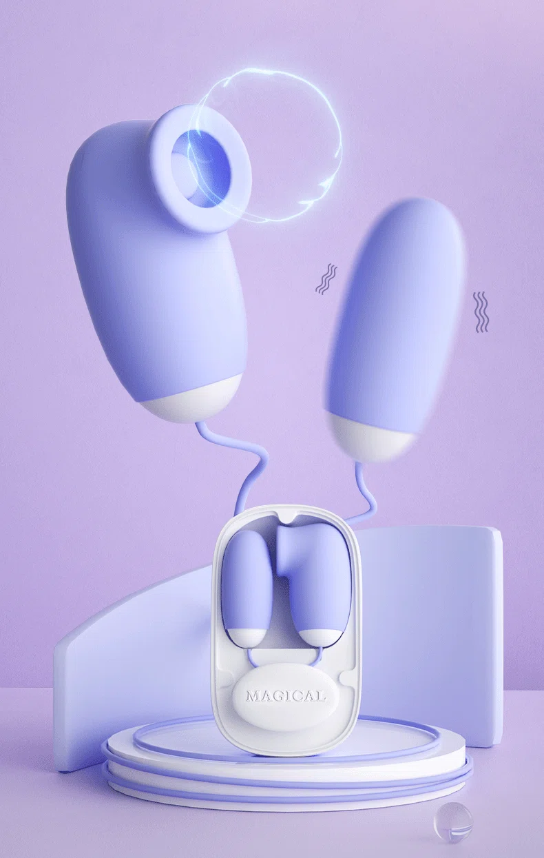 Visual representation of the dual stimulation points including a pinpoint suction head and a powerful vibrating egg for simultaneous internal and external pleasure.