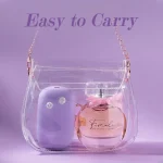 Travel-friendly intimacy kit shown inside a transparent handbag next to a perfume bottle, emphasizing its portable, discreet, and fashionable design.