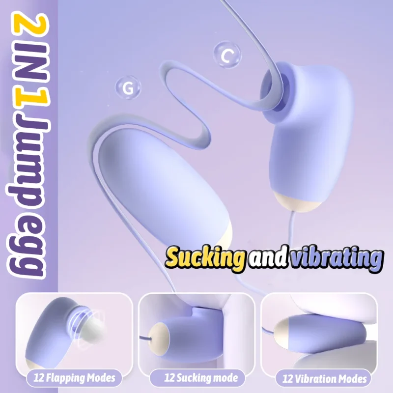 Feature breakdown of the 2-in-1 jump egg showing 12 flapping modes, 12 suction intensities, and 12 vibration patterns for a fully customizable experience.