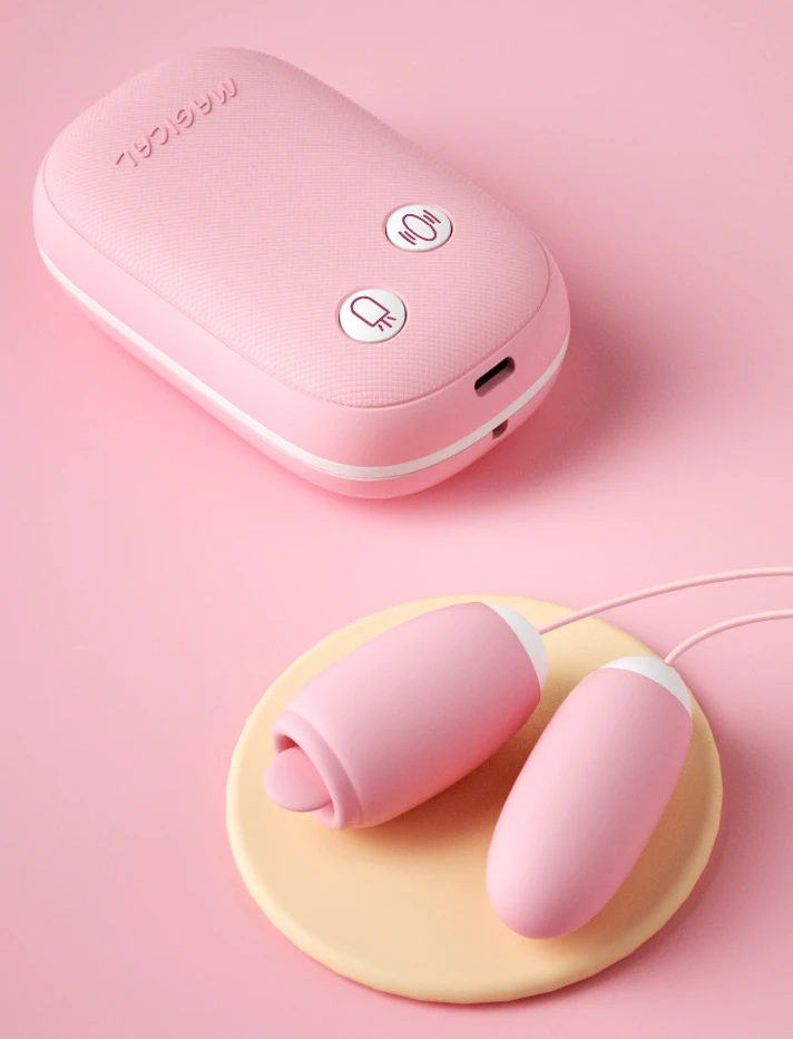 Lifestyle product shot of the pink Magical Tongue clitoral massager and its magnetic case resting on a minimalist aesthetic background.