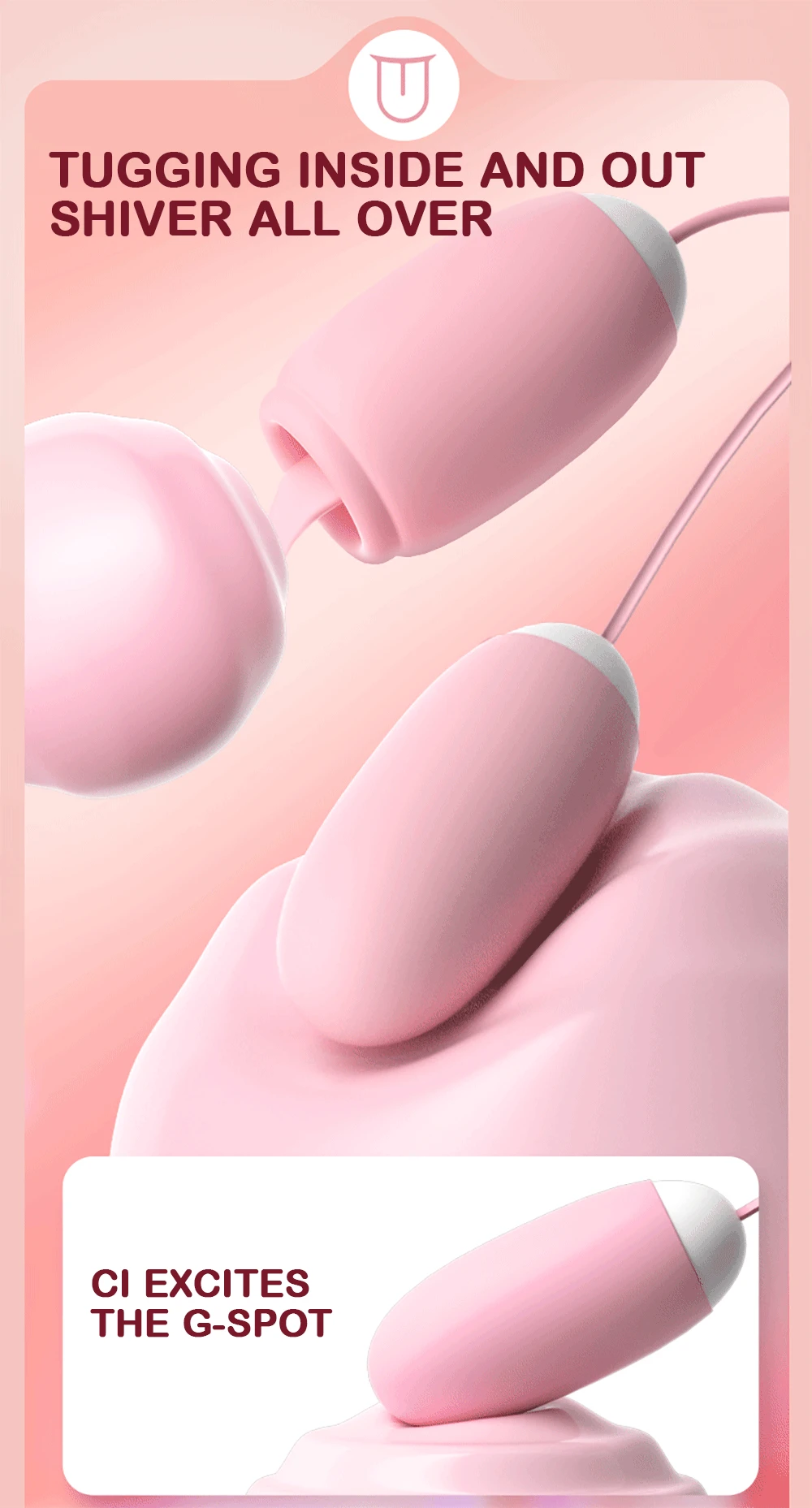 Infographic demonstrating internal and external use of the dual-point pleasure device for G-spot and clitoral excitement.