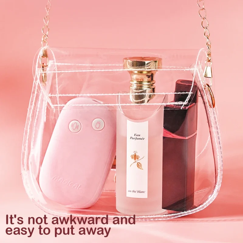 Travel-friendly design showing the compact, discreet vibrator case tucked inside a clear handbag alongside personal care items.