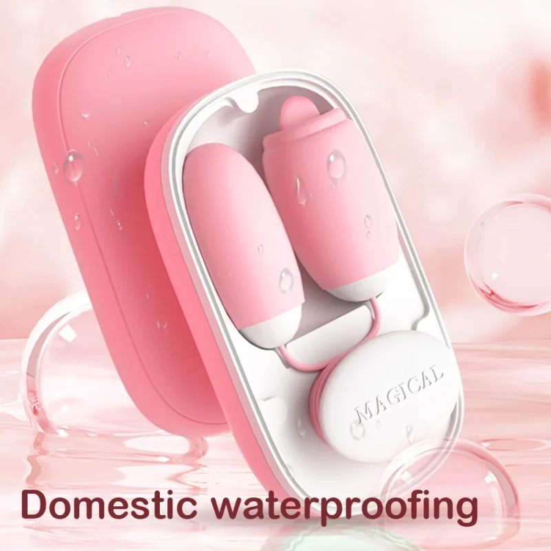 Waterproof adult toy set with splashing water droplets, highlighting the easy-to-clean and bath-friendly silicone material.