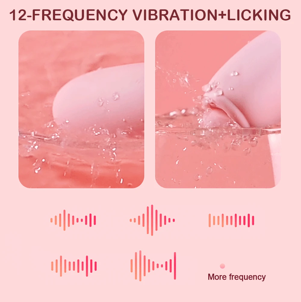 Water-resistant intimacy tool demonstrating the 12-frequency vibration and licking patterns with a visual representation of the various rhythmic intensities.