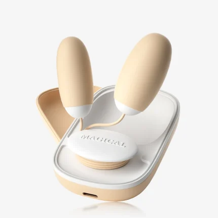 Dual-tip vibrator with a sleek charging case, highlighting the elegant beige silicone and magnetic storage for discreet pleasure.
