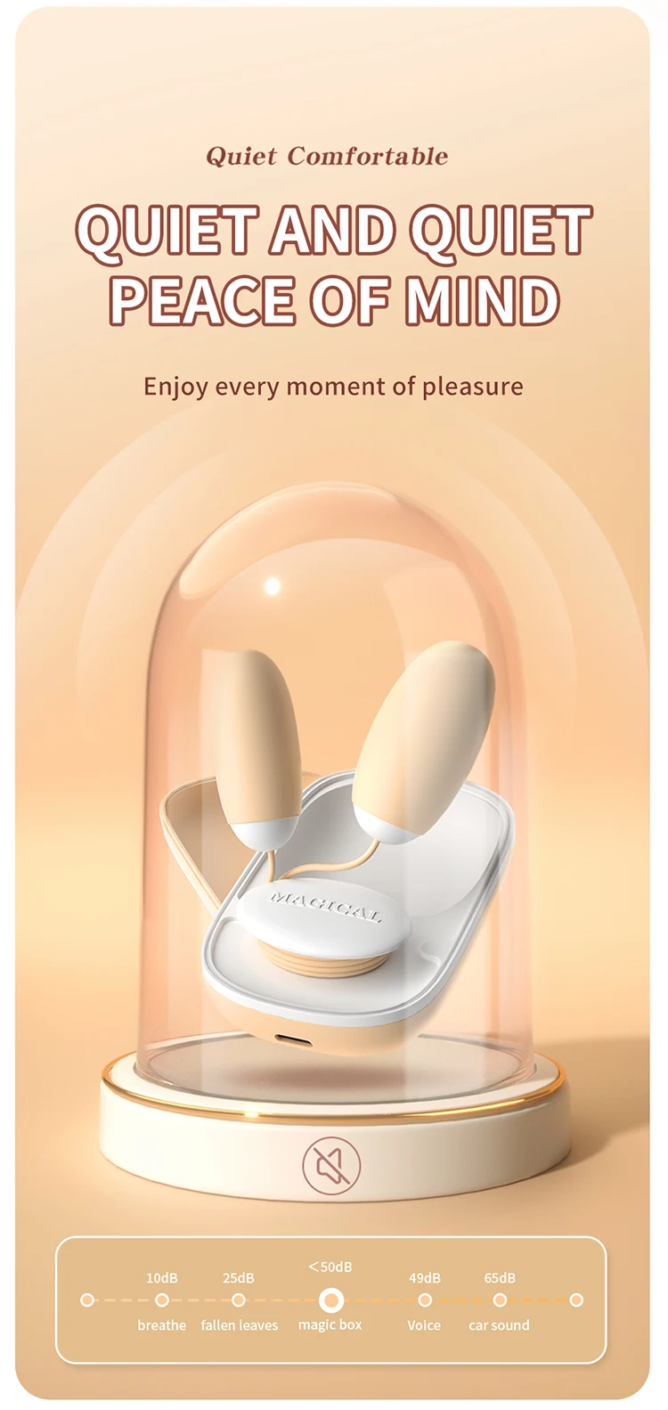 Infographic showing the ultra-quiet motor of the Magical pleasure box, operating at under 50dB for silent and discreet personal wellness sessions.