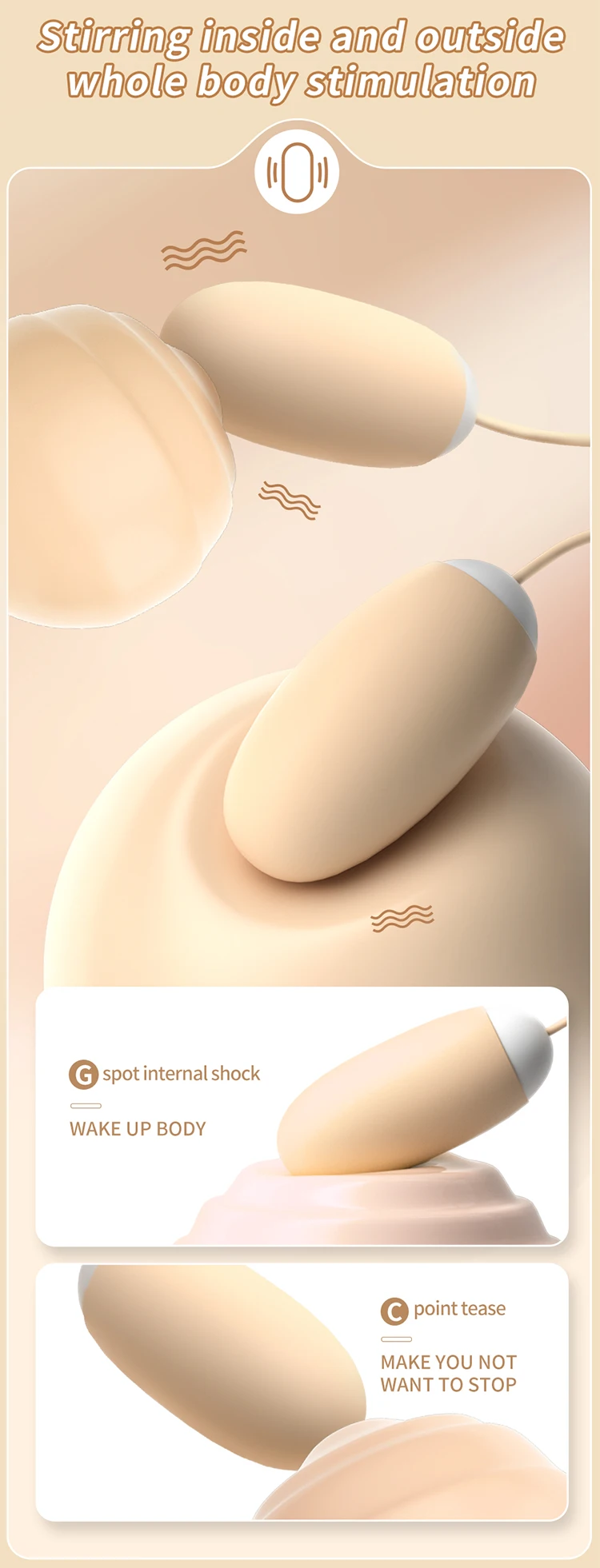 Detailed diagram of the G-spot and clitoral massager tips, illustrating the "stirring" motion designed for simultaneous internal and external stimulation.
