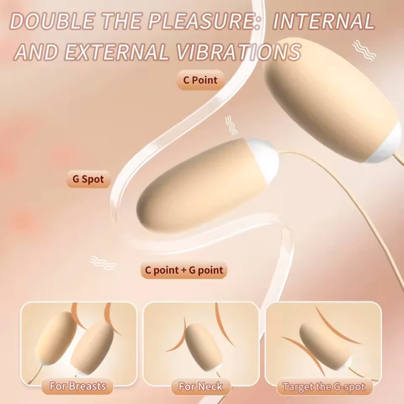 Diagram illustrating versatile use cases for the dual stimulator, including neck massage and targeted G-spot or C-spot relief.