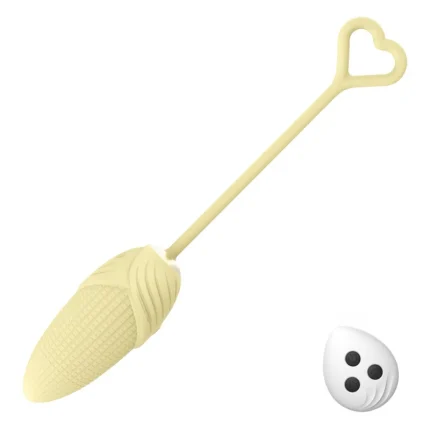 Maize Magic corn-shaped remote control vibrator with heart-shaped retrieval pull and ergonomic wireless transmitter for hands-free pleasure.