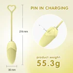 Product dimensions and charging infographic for the Maize Magic intimacy device showing 216mm length, 55.3g weight, and pin-in DC charging port.