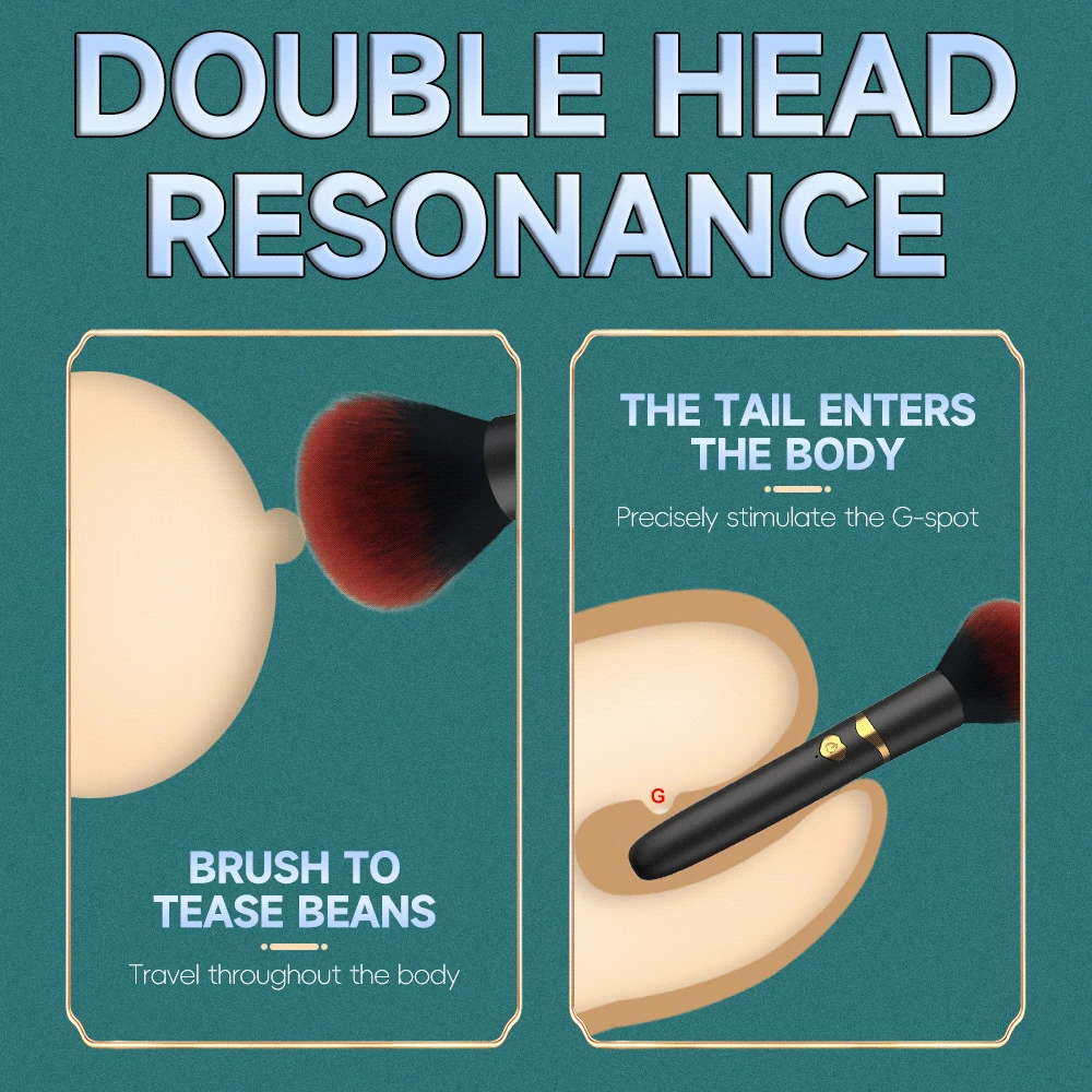 Double-head resonance diagram demonstrating the soft brush head for external teasing and the smooth tail for internal G-spot stimulation.