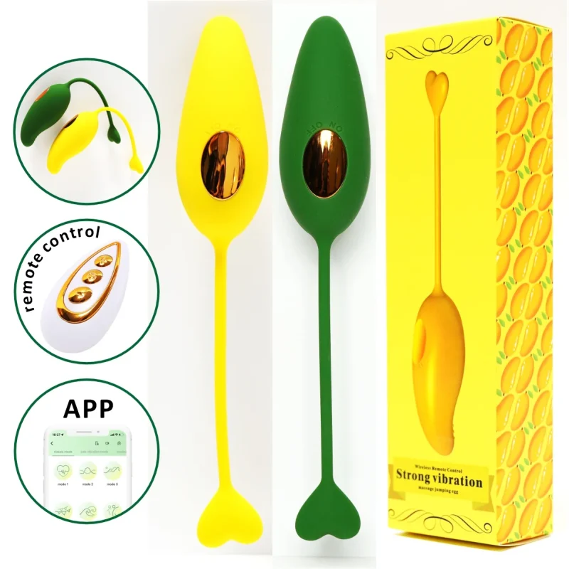 HH Mango wearable vibrator set showing yellow and green models with wireless remote and mobile app control interface for versatile pleasure modes.