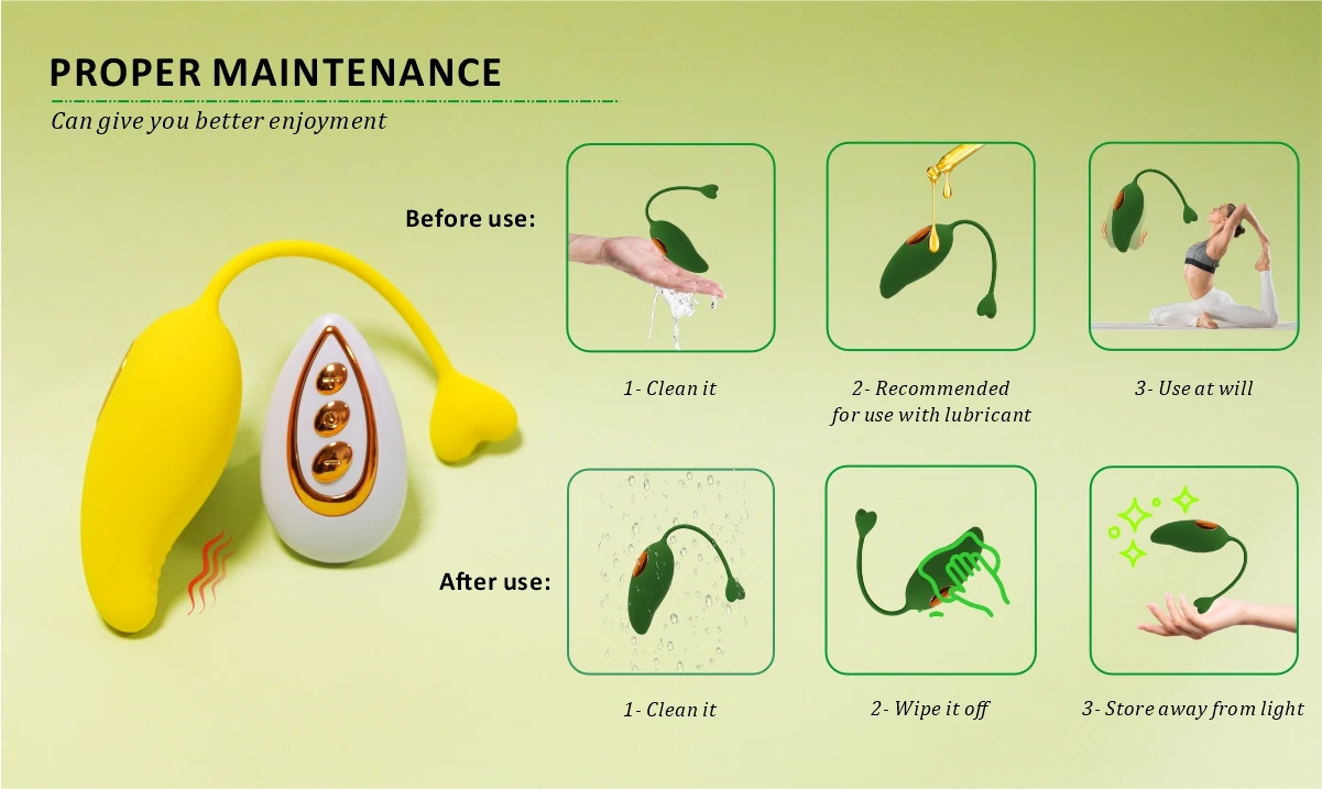 Infographic showing proper maintenance and cleaning steps for the waterproof silicone mango massager before and after use.