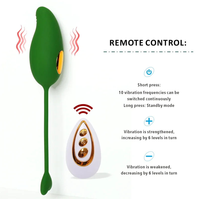 Detail shot of the wireless remote control interface for the mango massage egg highlighting the 10 frequency modes and intensity levels.