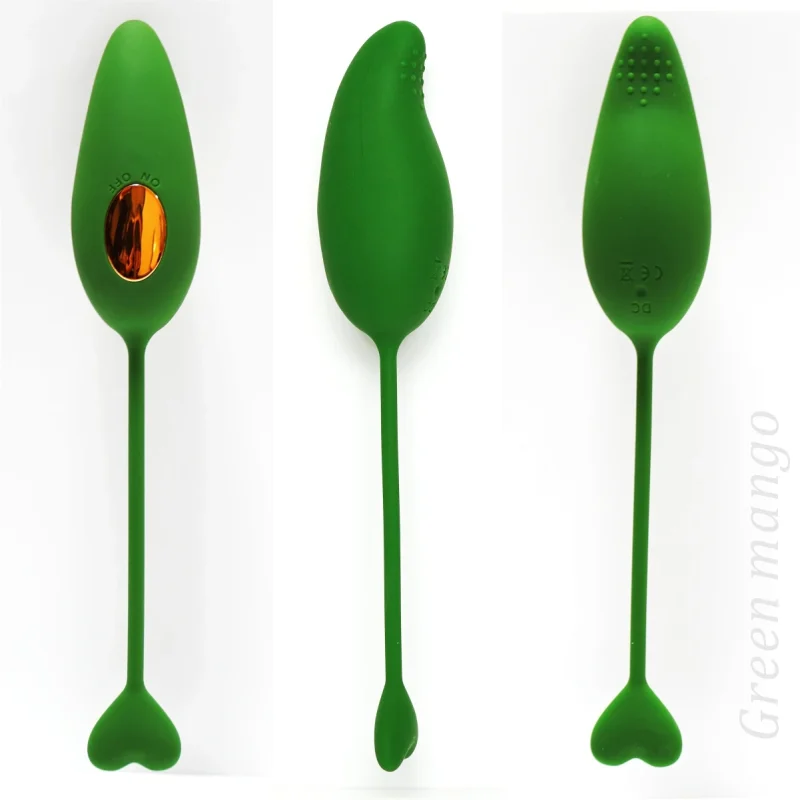Detailed triple-angle view of the green silicone G-spot stimulator featuring a textured tip, golden power button, and ergonomic retrieval tail.