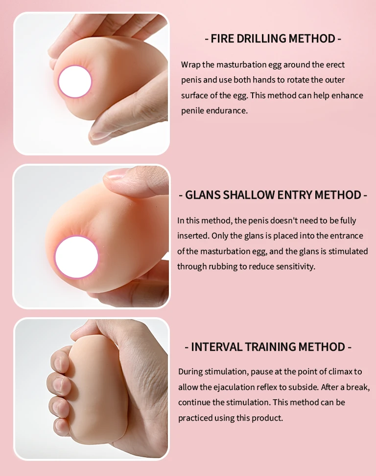 Infographic detailing three specialized male endurance training techniques including fire drilling, glans shallow entry, and interval training methods.