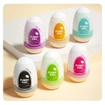 A full assortment of six uniquely colored and patterned male pleasure devices arranged on a minimalist display surface.