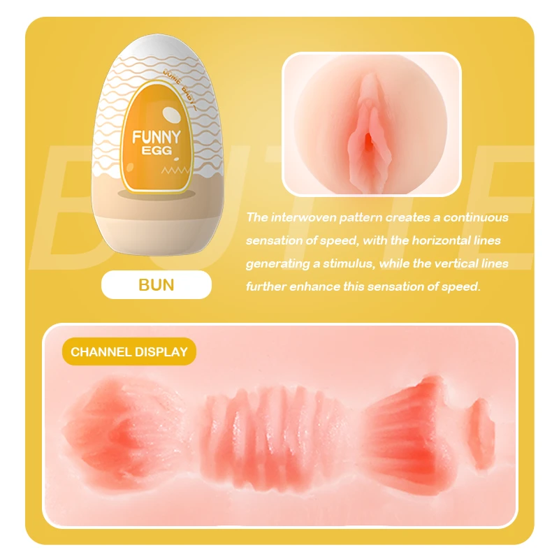 Close-up of the "Bun" textured sleeve showing a cross-section of the internal channel with horizontal and vertical stimulus ridges for enhanced speed sensations.