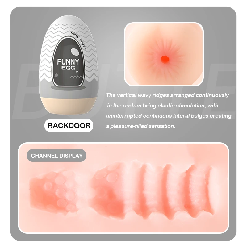Infographic of the Backdoor model Funny Egg showing a cross-section of the internal channel with wavy ridges and lateral bulges for elastic stimulation.