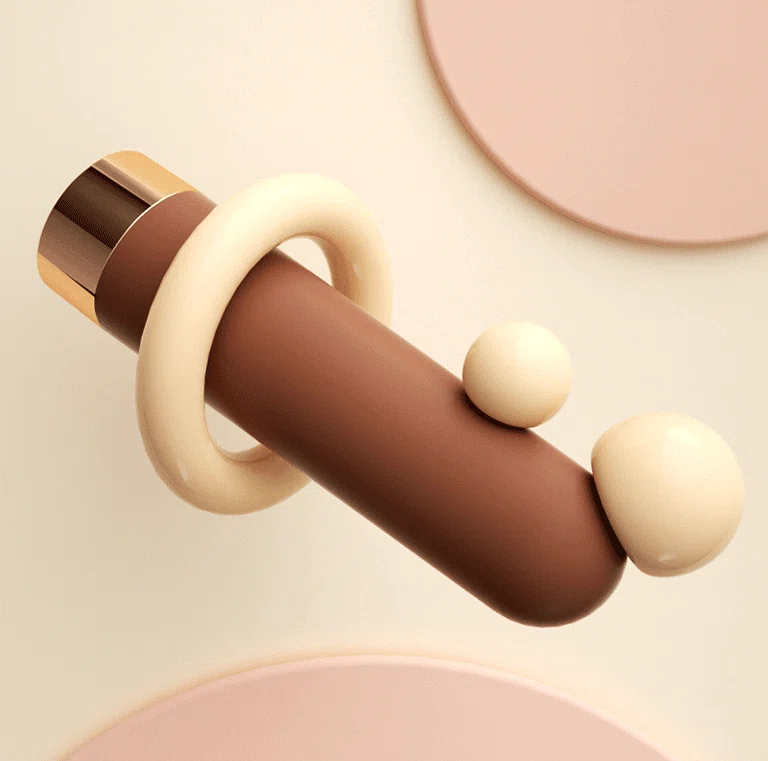 Creative product photography of the Mily stimulator surrounded by abstract geometric shapes to emphasize its artistic and modern design.