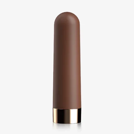 Minimalist portrait of the chocolate brown MILY clitoral stimulator featuring a smooth matte finish and luxury rose gold metallic base.