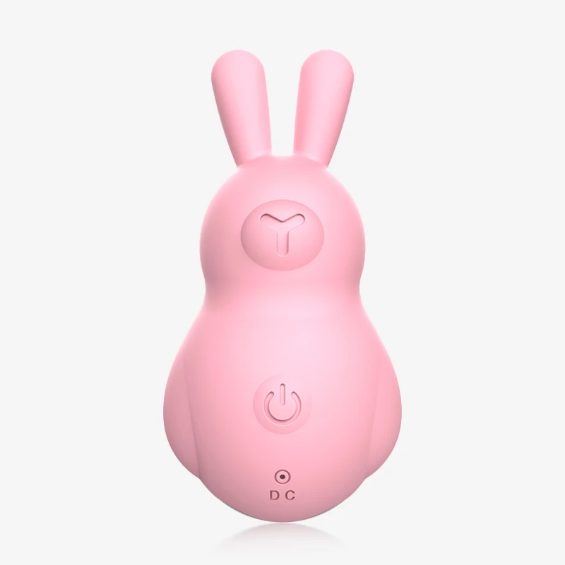 hh-mini-cute-rabbit-gallery-9 Front view of a soft-touch pink silicone rabbit massager featuring a simplified dual-button interface and a discreet DC charging port, designed for precise external stimulation.