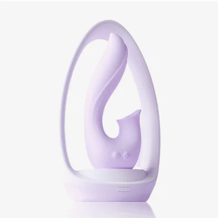HH Moon Bud aesthetic pleasure device with a minimalist white arch and lavender ergonomic clitoral stimulator on a white background.