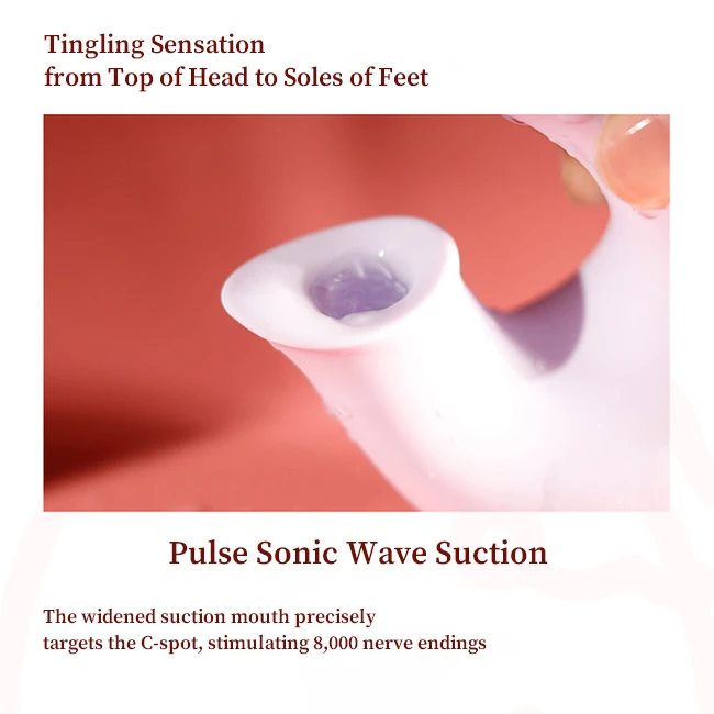 Infographic highlighting the pulse sonic wave suction technology and widened suction mouth designed for intense C-spot stimulation.