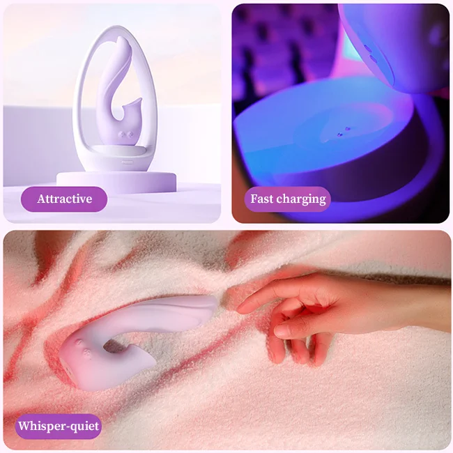 Multi-panel display showing the attractive design, fast magnetic charging base, and whisper-quiet motor of the luxury sex toy.