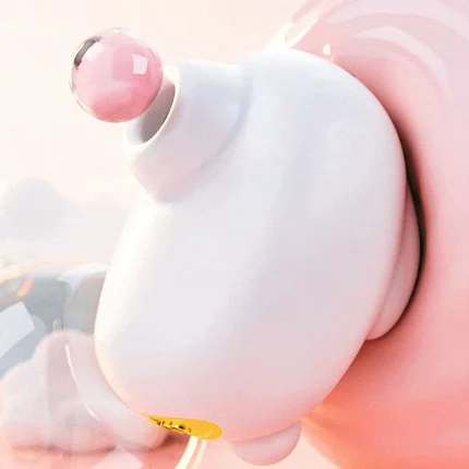 Action shot of the Moon Rabbit suction toy with a floating pink bead, illustrating the powerful air-pressure waves used for non-contact stimulation.