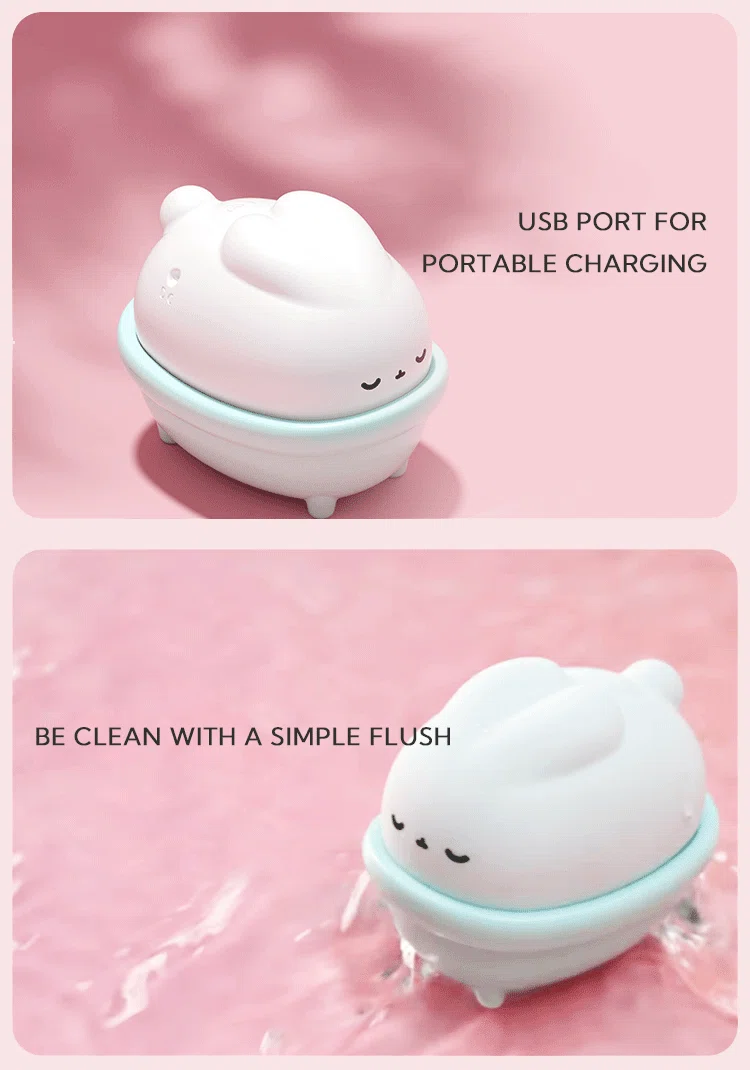 Product infographic showing the Moon Rabbit in its charging dock with "USB port for portable charging" and a splash shot labeled "be clean with a simple flush."