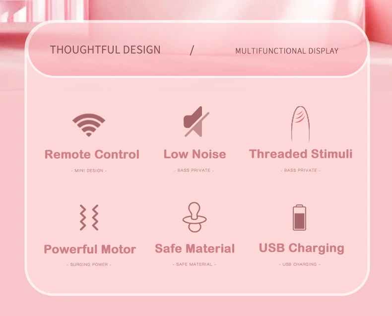 Infographic highlighting key features of the adult toy including low-noise motor, safe materials, and threaded stimuli for enhanced sensation.